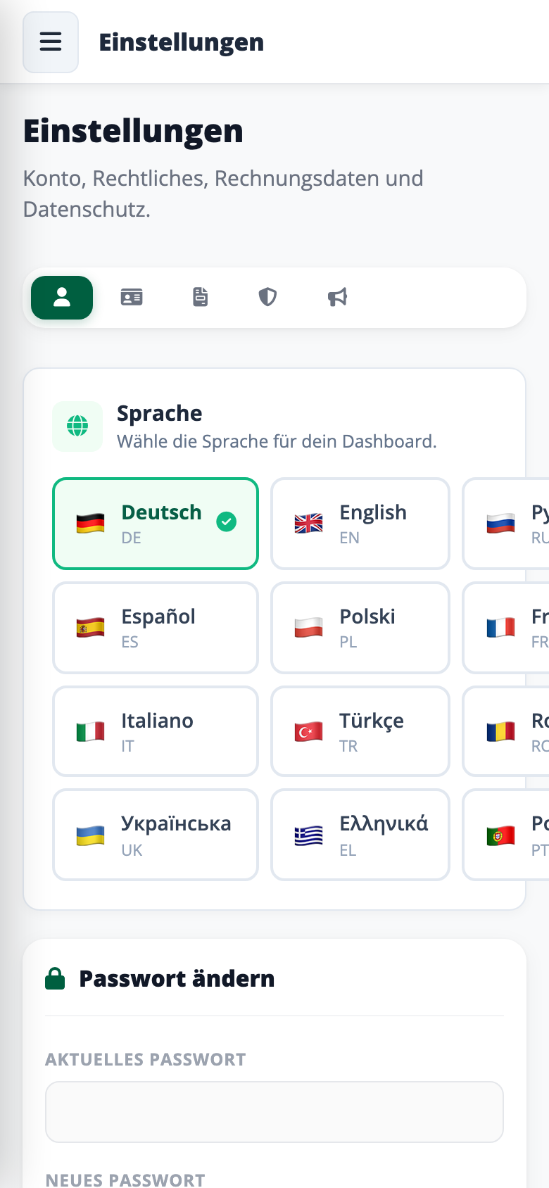 Einstellungen Mobile